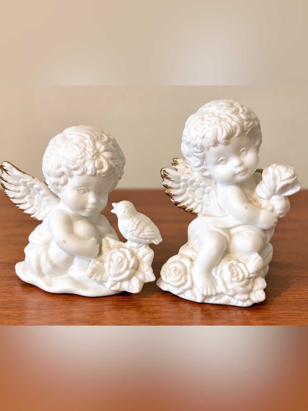 Cherub Angel Figurines Set of 2 White Romantic Cottage Decor